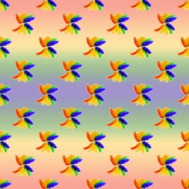 Gökkuşağı renklerinde kuş tüyleriyle çizilmiş kusursuz bir gökkuşağı arkaplanı. LGBT kavramı