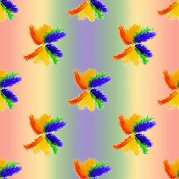 Nahtloses Muster Gefüttert Mit Regenbogenfarbenen Vogelfedern Auf Einem Regenbogenhintergrund Lgbt — Stockfoto
