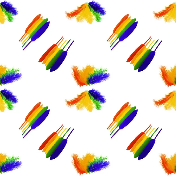 Nahtloses Muster Gefüttert Mit Regenbogenfarbenen Vogelfedern Auf Weißem Hintergrund Lgbtq — Stockfoto