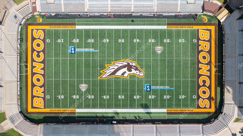 Kalamazoo, MI, USA - August 30, 2025: Waldo Stadium is home to the Western Michigan University Broncos football team, who compete in the Mid-American Conference (MAC). Aerial View.
