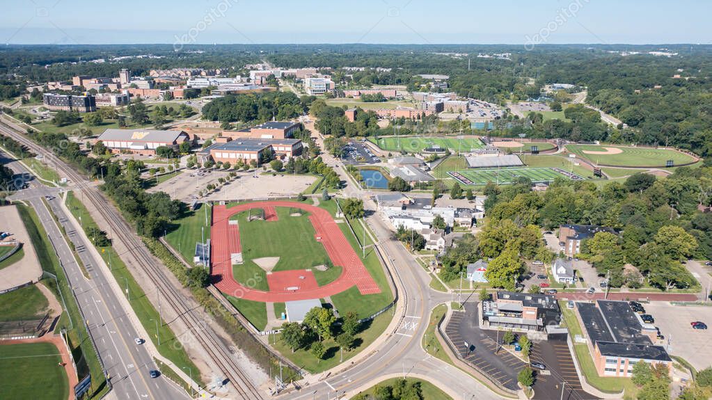 Kalamazoo, MI, USA - August 30, 2025: Western Michigan University is a public research university that was established in 1903. Aerial view.
