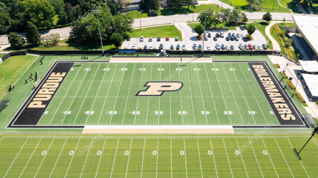 West Lafayette, IN, USA - July 29, 2025: An aerial view of Purdue University Boilermakers practice football field field that's located near Ross-Ade Stadium.