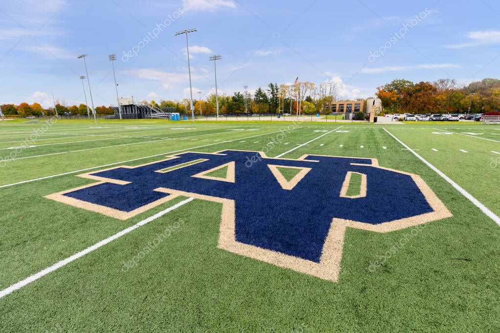 Notre Dame, IN, USA - October 25, 2024: Ricci Family Fields, at the University of Notre Dame, is a playing field for sports and the school band to practice. The school logo is located midfield.