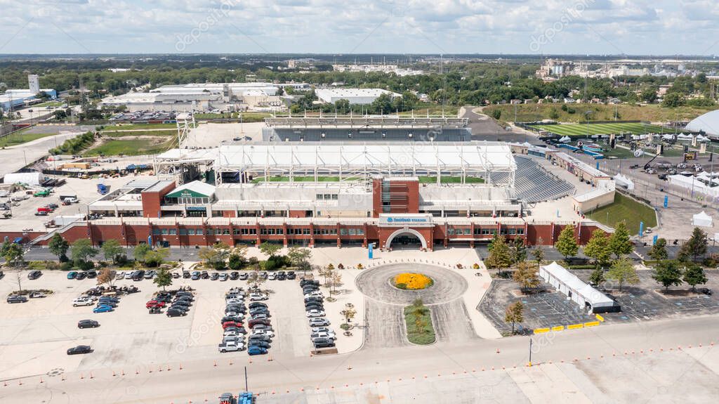 Bridgeview, IL, USA - August 27, 2025: SeatGeek Stadium is a soccer field and outdoor entertainment venue. The stadium is home to the Chicago Stars, Chicago Fire, and Chicago Hounds. Aerial View.