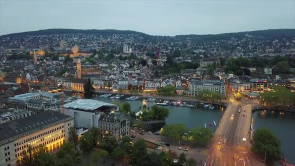 Beelden Van Zürich Nacht Stadsgezicht Panorama Zwitserland — Stockvideo