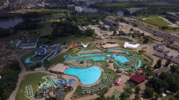 Summer Day Biggest Water Park Swimming Pool Aerial Panorama Minsk — Stock Video