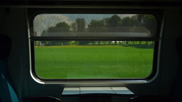 Zug fährt in der Nähe der malerischen Felder — Stockvideo