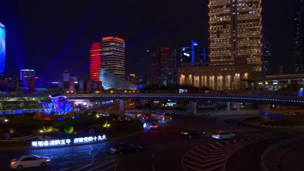Shanghai China September 2017 Nacht Verlichte Shanghai Centrum Verkeersplein Panorama — Stockvideo