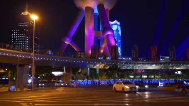 Nachtverkehr Auf Den Straßen Shanghais Mit Menschen Filmmaterial China — Stockvideo