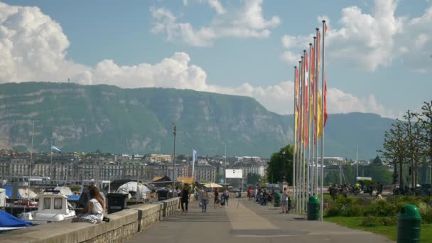 Schweiz Solig Dag Genève Staden Lakeside Bay Slowmotion Panorama — Stockvideo