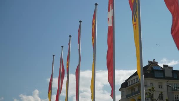 Suíça Dia Ensolarado Geneva Cidade Bandeiras Beira Lago Câmera Lenta — Vídeo de Stock