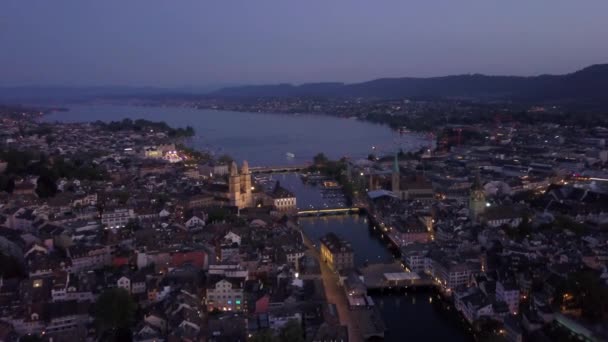 Night Time Zurich Cityscape Aerial Panorama Switzerland — Stock Video