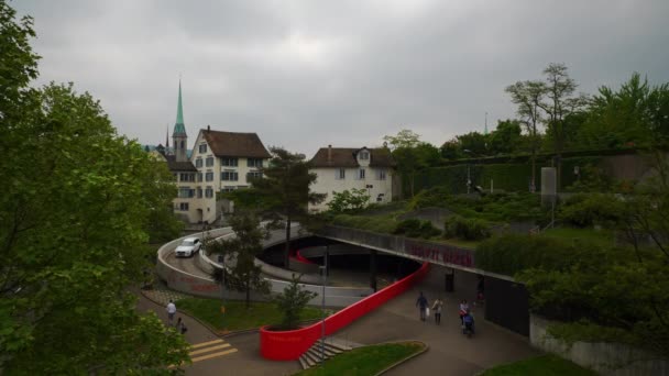 Zurich Riverside Stadsbilden Antenn Panorama Schweiz — Stockvideo