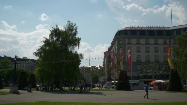 Svájc Napos Genf Város Tóparti Bay Street Lassított Nézd — Stock videók