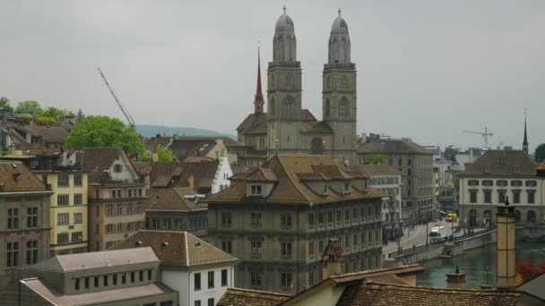 Zurich Riverside Stadsbilden Antenn Panorama Schweiz — Stockvideo