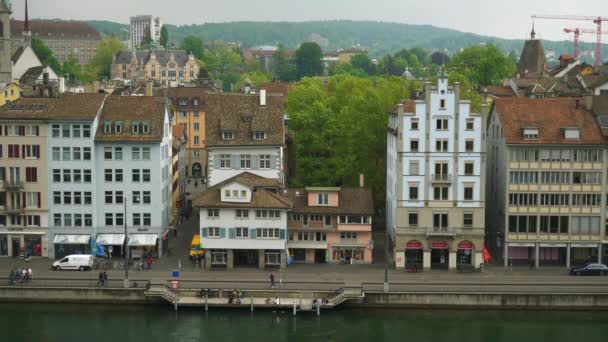 Zurich Riverside Stadsbilden Antenn Panorama Schweiz — Stockvideo