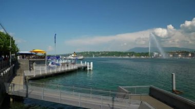 İsviçre güneşli gün Cenevre şehir ünlü lakeside Çeşme ağır çekim panorama 4k