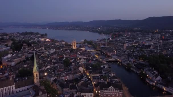 Malam Hari Zurich Cityscape Panorama Udara Swiss — Stok Video