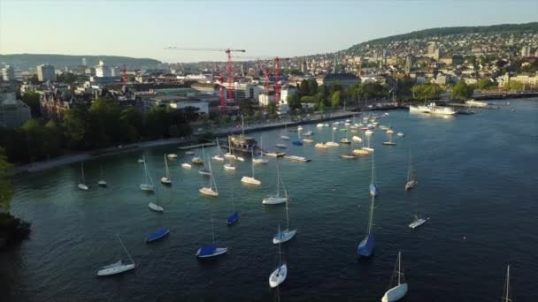 Día Tiempo Zurich Ciudad Famoso Lago Tráfico Calles Bahía Aérea — Vídeos de Stock