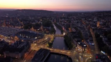 Gece saat Zürih cityscape hava panorama 4k İsviçre