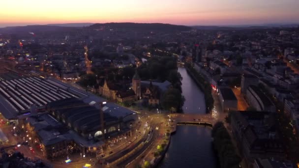 Nacht Tijd Zürich Stadsgezicht Luchtfoto Panorama Zwitserland — Stockvideo