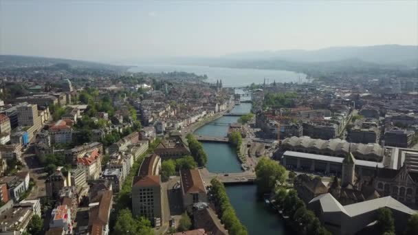 日時間チューリッヒ都市景観空中パノラマ スイス — ストック動画