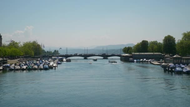 Солнечный День Цюрих Город Видом Озеро Реки Панорама Швейцарии — стоковое видео