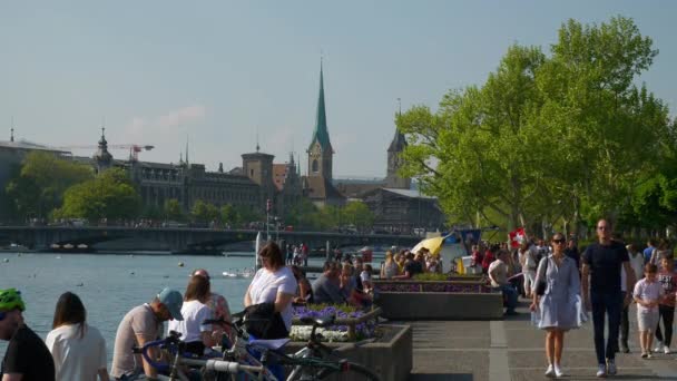 Giornata Sole Zurich Baia Lungolago Affollato Lungomare Baia Rallentatore Panorama — Video Stock