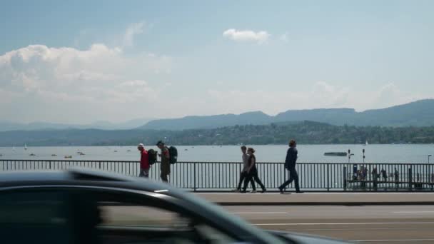 Сонячний День Трафіку Міста Цюріха Міст Панорама Швейцарії — стокове відео