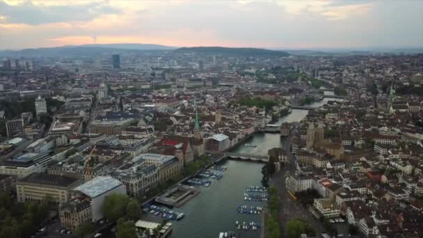 Dia Hora Zurique Cidade Famoso Lago Tráfego Ruas Baía Aérea — Vídeo de Stock