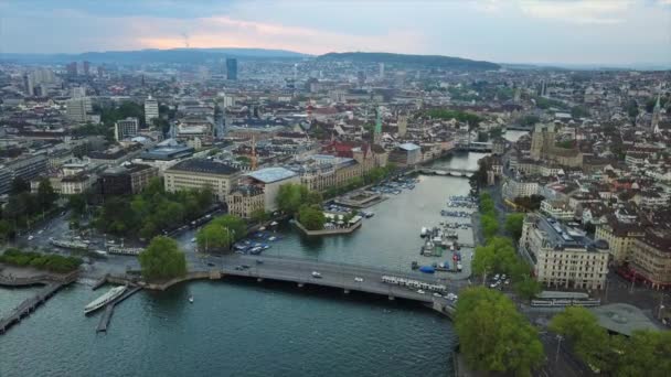 Солнечный Цюрих Городской Пейзаж Воздушная Панорама Switzerlandnd — стоковое видео