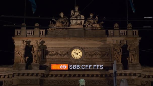 Gece Saat Zürih Şehir Ünlü Tren Stasyonu Panorama Sviçre — Stok video