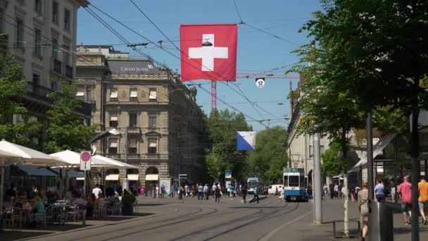 Día Soleado Zurich Ciudad Centro Tráfico Calle Cámara Lenta Panorama — Vídeos de Stock