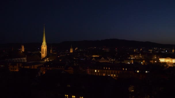 Noite Iluminado Zurique Centro Cityscape Panorama Suíça — Vídeo de Stock