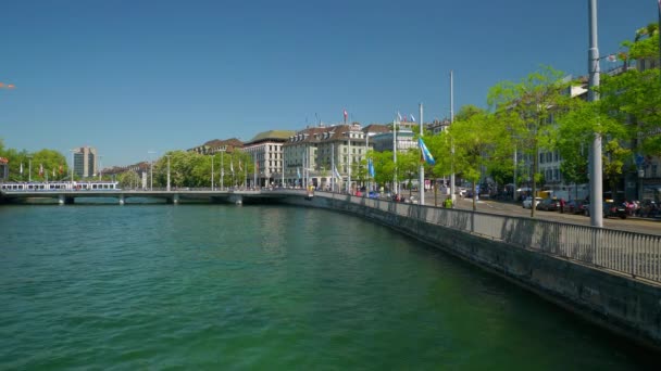 Den Čas Zurich City Centra Řeky Most Slow Motion Panorama — Stock video