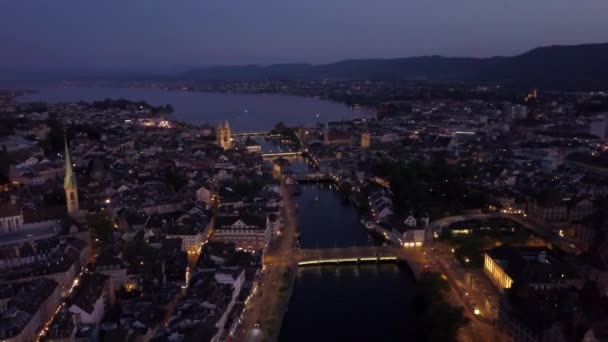 Sol Noite Zurique Cityscape Rio Central Estação Ferroviária Aérea Panorama — Vídeo de Stock