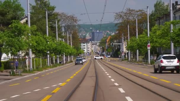 Schweiz Solig Dag Zurich City Spårvagn Road Trip Pov Baksidan — Stockvideo