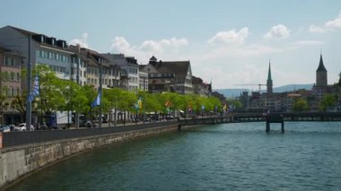 gün zaman Zürih şehir merkezi riverside panorama 4k İsviçre