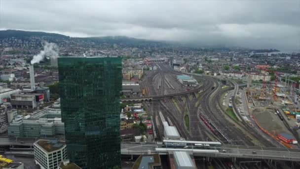 Giornata Sole Zurich Paesaggio Urbano Fiume Stazione Ferroviaria Centrale Panorama — Video Stock