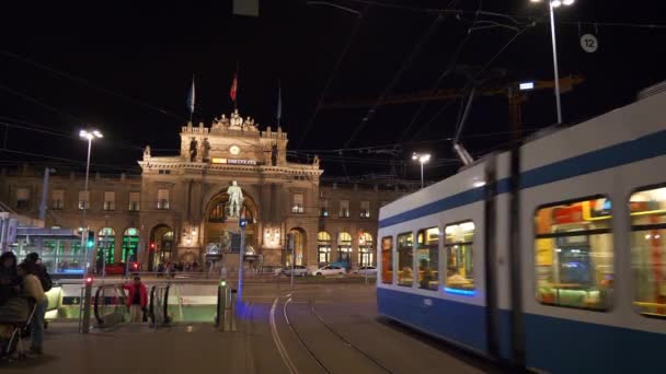 Nocy Zurych Dworca Kolejowego Słynnego Ruchu Ulicy Plac Szwajcaria Panorama — Wideo stockowe