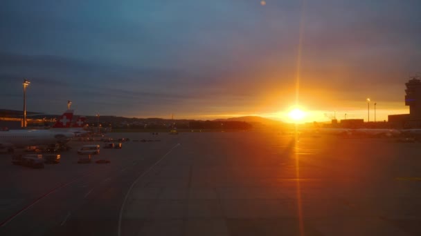 Sunset Time Zurich City Airport Window Panorama Switzerland — Stock Video