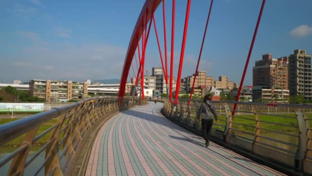 Hari Itu Taipei Kota Tepi Sungai Jembatan Pejalan Kaki Panorama — Stok Video