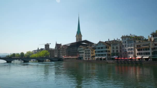 Sonniger Tag Zürich Stadtzentrum Flussbucht Zeitlupenpanorama Schweiz — Stockvideo