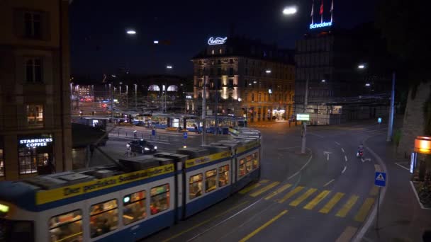 Nacht Tijd Zurich Stad Station Spoorwegverkeer Vierkant Panorama Zwitserland — Stockvideo