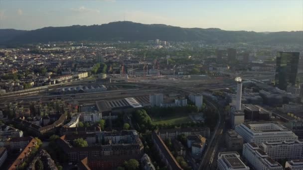 Sunny Day Zurich Cityscape River Central Train Station Aerial Panorama — Stock Video