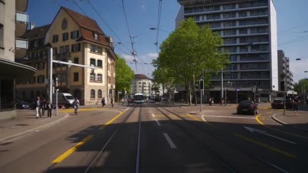 Švýcarsko Curych Slunečný Den Tramvaj Silniční Výlet Pov Zadní Okno — Stock video