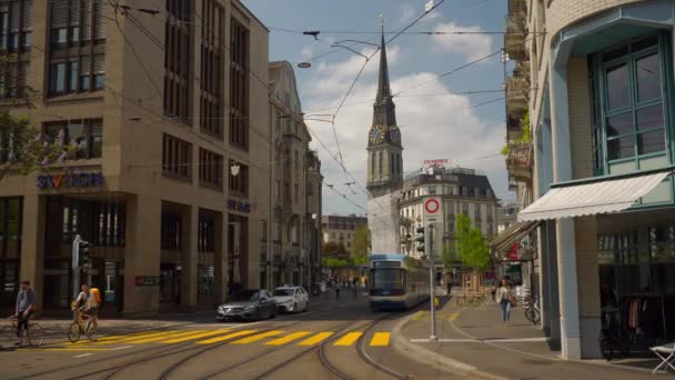 Schweiz Zürich City Solig Dag Trafik Gatan Panorama — Stockvideo