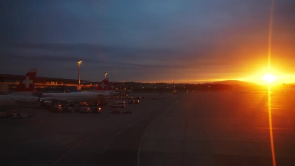 Sunset Time Zurich City Airport Window Panorama Switzerland — Stock Video
