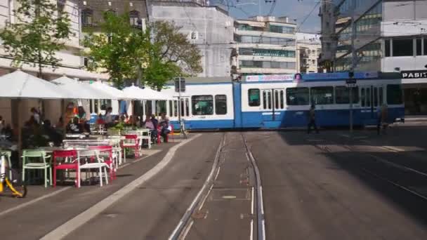 Svizzera Zurich Città Giornata Sole Tram Viaggio Punto Vista Finestra — Video Stock