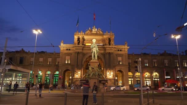 Schweiz Nacht Beleuchtung Zürcher Hbf Platz Front Panorama — Stockvideo